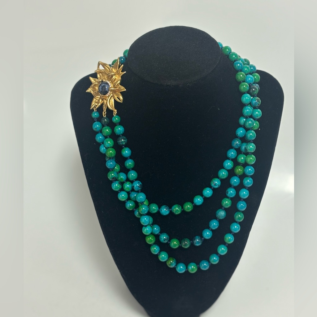 Brooks Brothers Beaded Necklace 3 Strand Turquoise Color And Gold Tone Statement